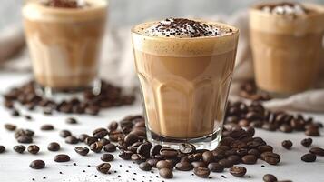 Smooth and velvety cortado with scattered coffee beans all cut out on an isolated simple minimalist background photo