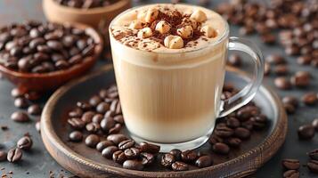 Smooth and creamy hazelnut latte with a handful of coffee beans all cut out on an isolated simple minimalist background photo