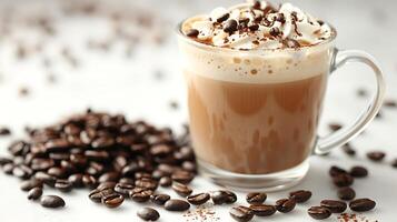 Rich and creamy Irish coffee with a side of coffee beans all cut out on an isolated simple minimalist background photo