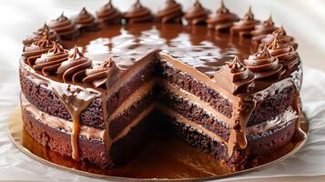 Rich and indulgent caramel cake cut out on an isolated simple minimalist background photo