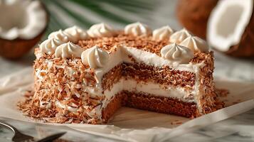 Rich and creamy coconut tres leches cake cut out on an isolated simple minimalist background photo