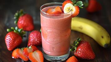 Refreshing strawberrybanana smoothie served in a glass with strawberry and banana slices cut out on an isolated simple minimalist background photo