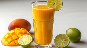 Refreshing mangolime juice served in a tall glass with mango and lime slices cut out on an isolated simple minimalist background photo