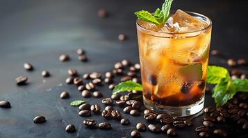 Refreshing mint mojito iced coffee with scattered coffee beans all cut out on an isolated simple minimalist background photo