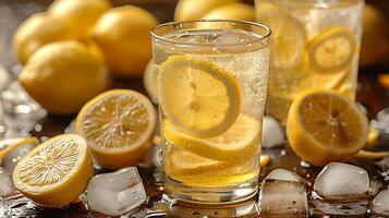 Refreshing lemonade served in a glass with slices of lemon cut out on an isolated simple minimalist background photo