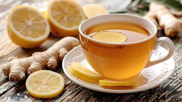 Refreshing cup of lemon ginger tea cut out on an isolated simple minimalist background photo