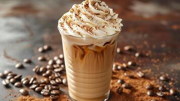 Refreshing iced coffee with whipped cream cut out on an isolated simple minimalist background photo
