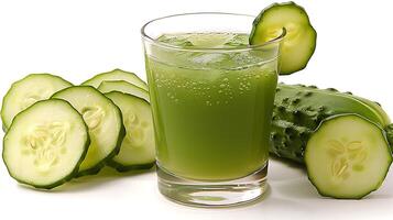 Refreshing cucumber juice in a clear glass cut out on an isolated simple minimalist background photo