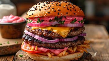 Parisian macaron burger cut out on an isolated simple minimalist background photo