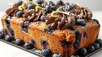 Moist blueberry cake with lemon glaze cut out on an isolated simple minimalist background photo