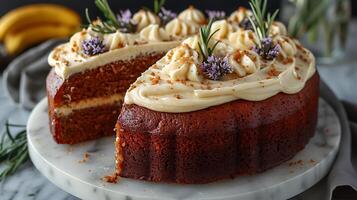 Moist banana cake with cream cheese frosting cut out on an isolated simple minimalist background photo
