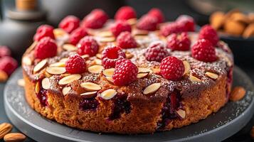 Moist and fruity raspberry almond cake cut out on an isolated simple minimalist background photo