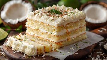 Moist and flavorful coconut lime cake cut out on an isolated simple minimalist background photo