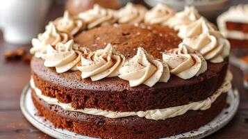 Moist and flavorful spice cake with cream cheese frosting cut out on an isolated simple minimalist background photo