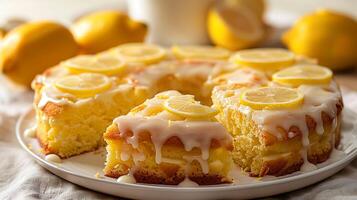 Light and fluffy lemon chiffon cake with lemon glaze cut out on an isolated simple minimalist background photo