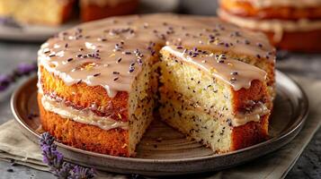 Light and airy lemon lavender cake with lavender glaze cut out on an isolated simple minimalist background photo