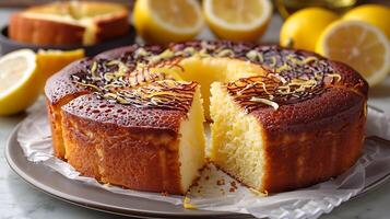Lemon drizzle cake cut out on an isolated simple minimalist background photo