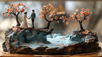 Heartfelt anniversary cake with a sugar sculpture of the couple and their favorite hobby cut out on an isolated simple minimalist background photo