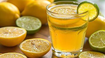 Glass of tangy lemonlimeade with lemon and lime slices cut out on an isolated simple minimalist background photo