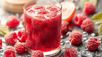 Glass of tangy raspberry juice with fresh raspberries cut out on an isolated simple minimalist background photo