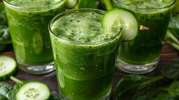 Glass of invigorating cucumber spinach and celery juice with cucumber spinach and celery garnish cut out on an isolated simple minimalist background photo