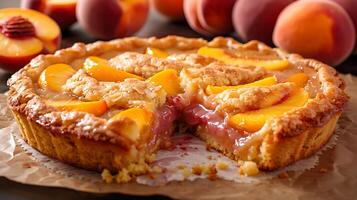 Fruity peach cobbler cake cut out on an isolated simple minimalist background photo