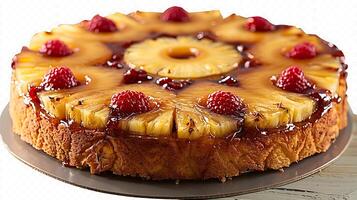 Fruity pineapple upsidedown cake cut out on an isolated simple minimalist background photo