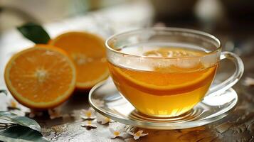 Fragrant cup of orange blossom tea cut out on an isolated simple minimalist background photo