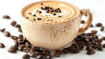Frothy cappuccino with latte art and scattered coffee beans all cut out on an isolated simple minimalist background photo