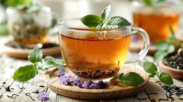 Fragrant cup of jasmine tea cut out on an isolated simple minimalist background photo