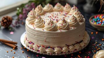Festive birthday cake with confetti sprinkles cut out on an isolated simple minimalist background photo