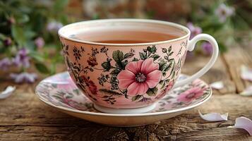 Floral cup of rose tea cut out on an isolated simple minimalist background photo