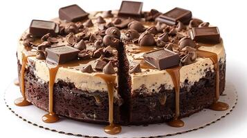 Decadent chocolate caramel cake with caramel drizzle cut out on an isolated simple minimalist background photo