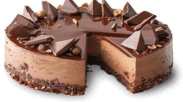 Decadent chocolate hazelnut cake cut out on an isolated simple minimalist background photo