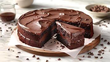 Decadent chocolate fudge cake cut out on an isolated simple minimalist background photo