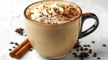 Creamy latte with cinnamon sprinkles cut out on an isolated simple minimalist background photo