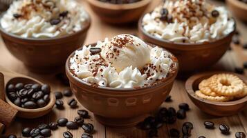 Decadent affogato with vanilla ice cream and surrounded by coffee beans all cut out on an isolated simple minimalist background photo