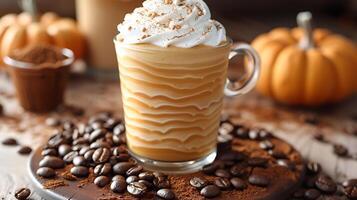 Cozy pumpkin spice latte with whipped cream and surrounded by coffee beans all cut out on an isolated simple minimalist background photo