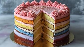Colorful rainbow cake with buttercream frosting cut out on an isolated simple minimalist background photo