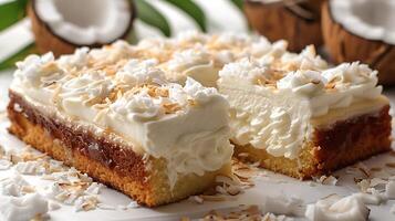 Coconut cream cake with shredded coconut topping cut out on an isolated simple minimalist background photo