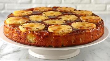 Classic pineapple upsidedown cake with caramelized pineapple topping cut out on an isolated simple minimalist background photo