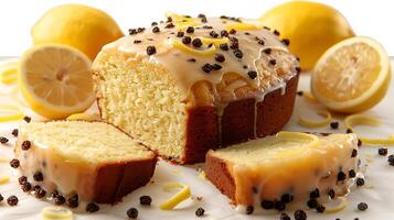 Classic lemon pound cake with lemon glaze cut out on an isolated simple minimalist background photo