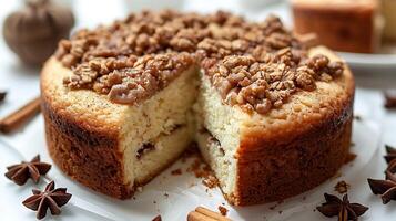 Classic coffee cake with cinnamon streusel topping cut out on an isolated simple minimalist background photo