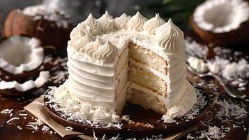 Classic coconut cream cake with coconut cream cheese frosting cut out on an isolated simple minimalist background photo