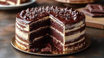 Classic chocolate cake cut out on an isolated simple minimalist background photo