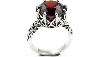Bold garnet ring set in silver showcasing a deep red gemstone with intricate detailing on the band photo