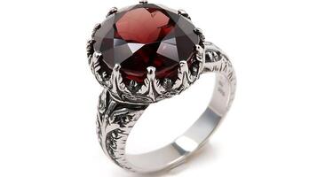 Bold garnet ring set in silver showcasing a deep red gemstone with intricate detailing on the band photo