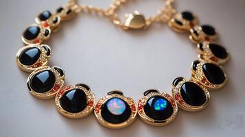 Charming opal and onyx necklace with a mesmerizing opal and deep black onyx stones in a classic design photo