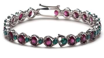 Luxurious ruby and emerald bracelet featuring alternating red and green gemstones in a sleek design photo