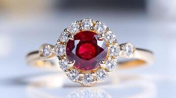 Luxurious ruby ring set in gold showcasing a deep red gemstone surrounded by tiny diamonds perfect for an engagement photo